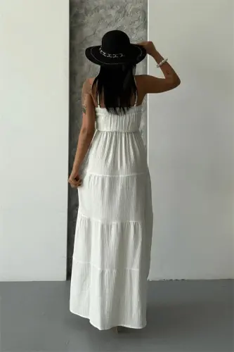 Muslin Fabric Long Dress - WHITE - 5