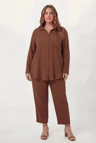 Muslin Fabric Plus Size Shirt Brown - 3