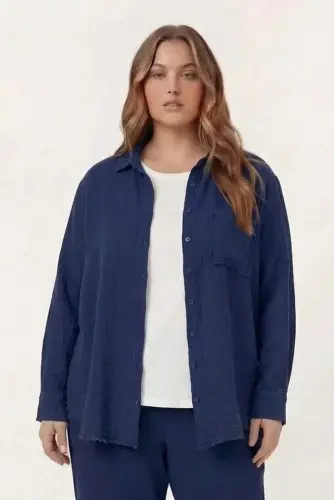 Muslin Fabric Plus Size Shirt Navy Blue - 1