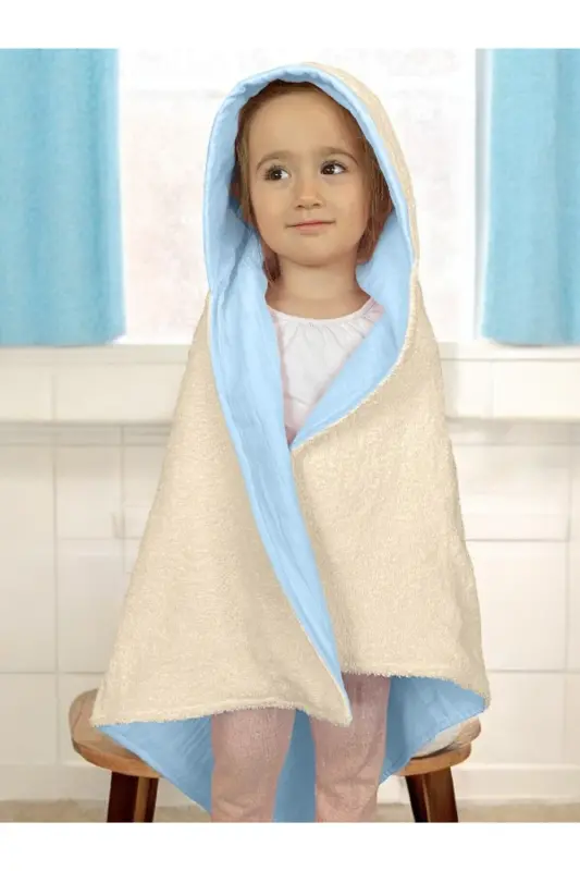 Muslin Hooded Baby Child Towel Swaddle Bath Towel Cotton Beach Towel Double-Sided Use - Beige-Blue - 1
