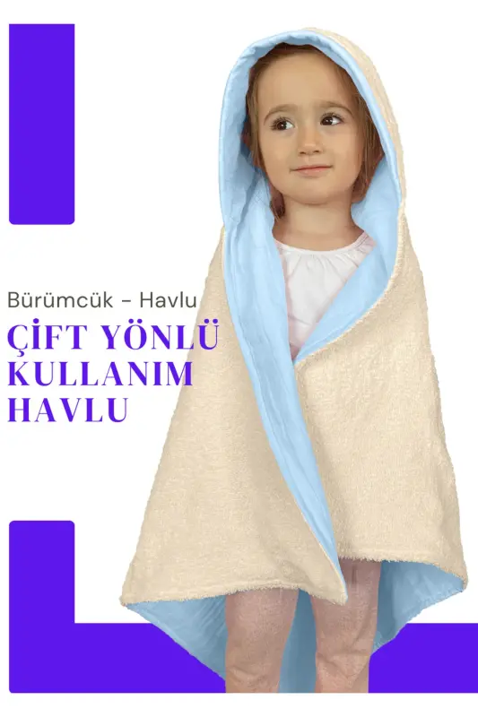 Muslin Hooded Baby Child Towel Swaddle Bath Towel Cotton Beach Towel Double-Sided Use - Beige-Blue - 4