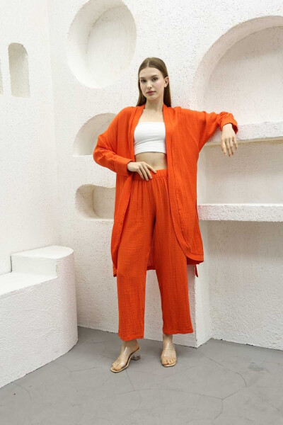 %100 Pamuk Müslin Kimono Pantolon Ikili Takım Beli Lastikli Düz Paça Kuşaklı-Oranj - COTTOWOO (1)