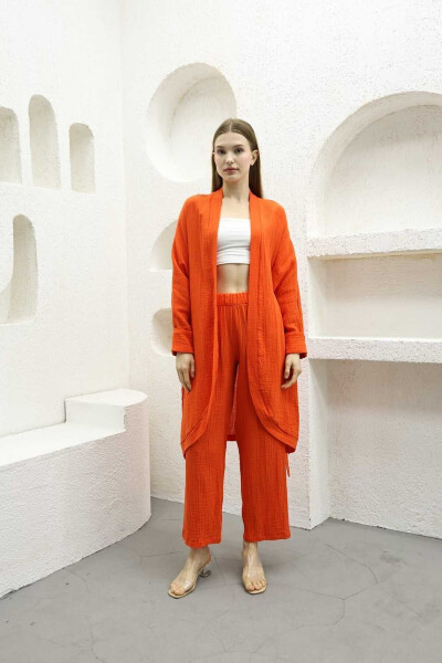%100 Pamuk Müslin Kimono Pantolon Ikili Takım Beli Lastikli Düz Paça Kuşaklı-Oranj - 3