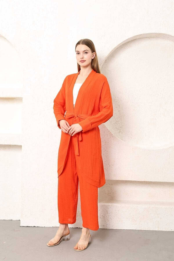%100 Pamuk Müslin Kimono Pantolon Ikili Takım Beli Lastikli Düz Paça Kuşaklı-Oranj - 6