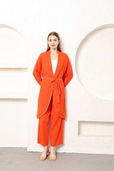 %100 Pamuk Müslin Kimono Pantolon Ikili Takım Beli Lastikli Düz Paça Kuşaklı-Oranj - 7