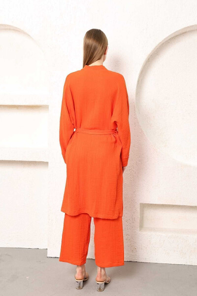 %100 Pamuk Müslin Kimono Pantolon Ikili Takım Beli Lastikli Düz Paça Kuşaklı-Oranj - 8