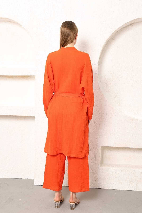 %100 Pamuk Müslin Kimono Pantolon Ikili Takım Beli Lastikli Düz Paça Kuşaklı-Oranj - 8