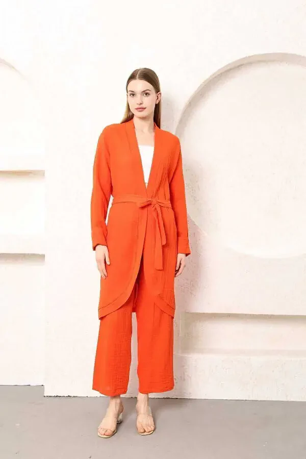 Muslin Kimono Pants Two-Piece Set with Elastic Waistband, Straight Leg and Belt - 1