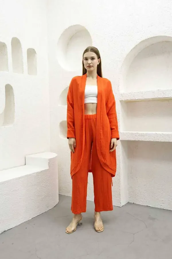 Muslin Kimono Pants Two-Piece Set with Elastic Waistband, Straight Leg and Belt - 3