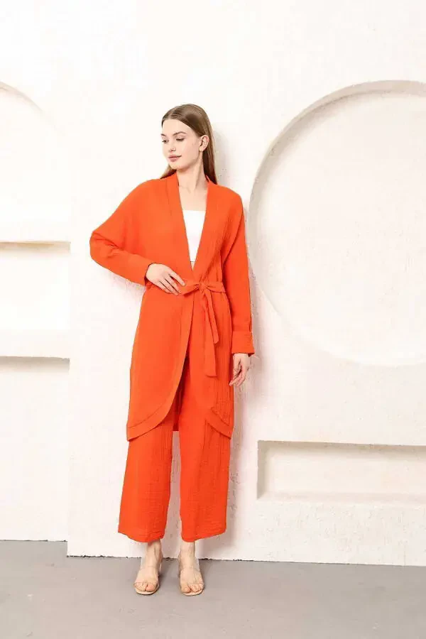 Muslin Kimono Pants Two-Piece Set with Elastic Waistband, Straight Leg and Belt - 4