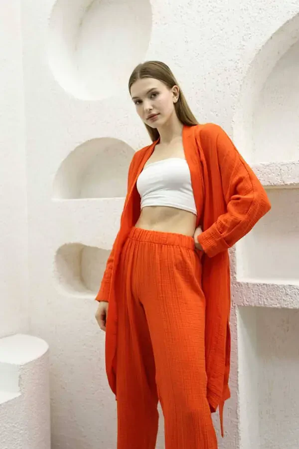 Muslin Kimono Pants Two-Piece Set with Elastic Waistband, Straight Leg and Belt - 5