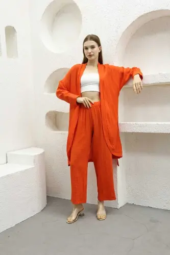 Muslin Kimono Pants Two-Piece Set with Elastic Waistband, Straight Leg and Belt - COTTOWOO (1)