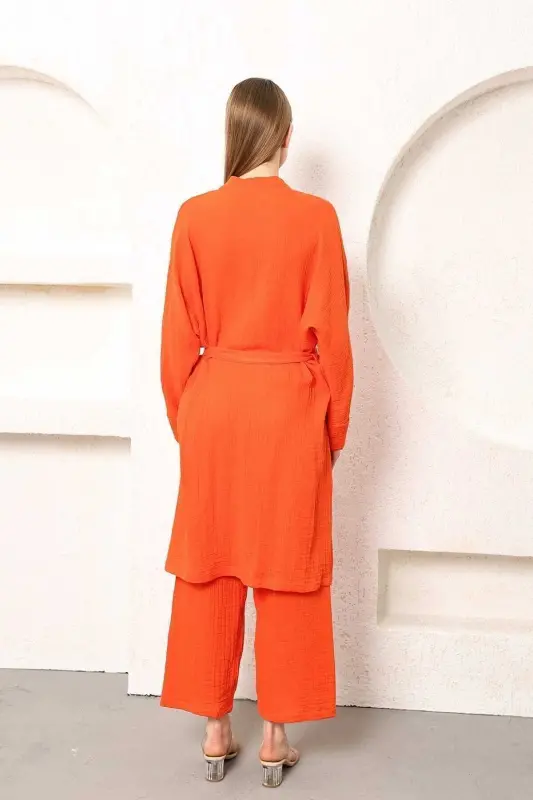 Muslin Kimono Pants Two-Piece Set with Elastic Waistband, Straight Leg and Belt - 9