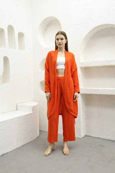 Muslin Kimono Shimchoq Ikki Qismli To'plam Elastik Belli To'g'ri Oyoqli Kamarli - 3