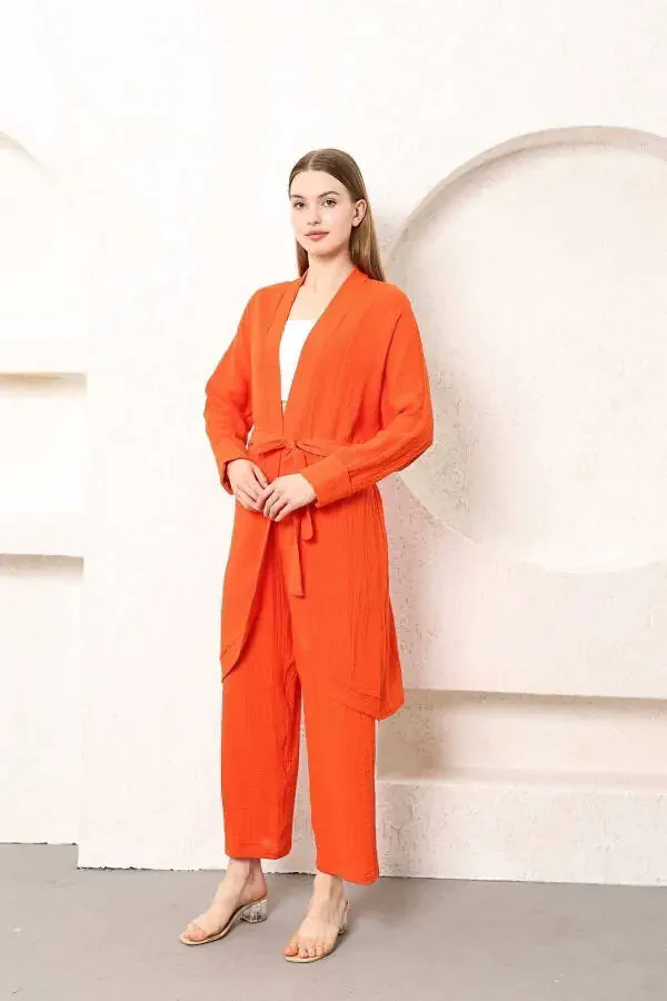 Muslin Kimono Shimchoq Ikki Qismli To'plam Elastik Belli To'g'ri Oyoqli Kamarli - 6