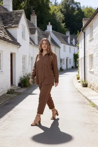 Müslin Kumaş Büyük Beden Gömlek Kahve - 4