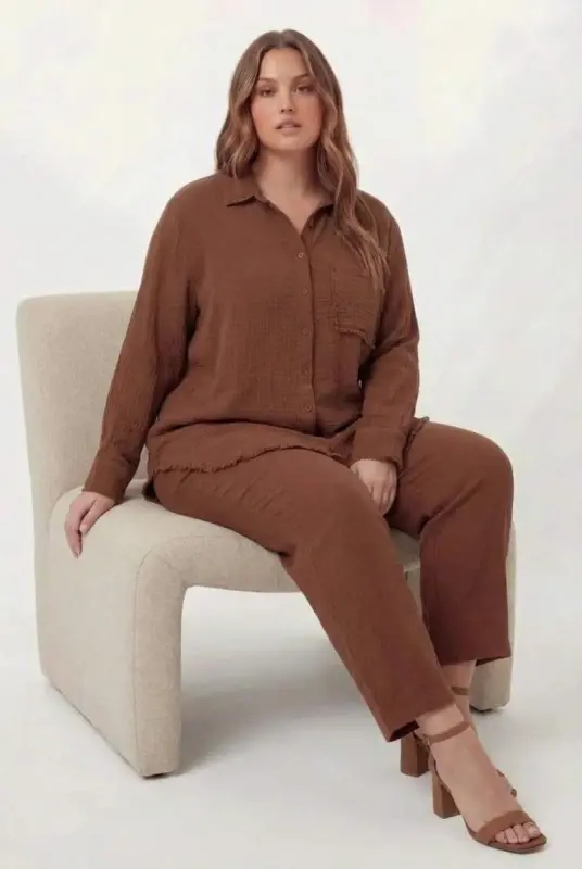 Müslin Kumaş Büyük Beden Gömlek Kahve - 5