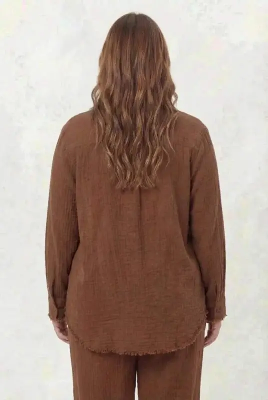 Müslin Kumaş Büyük Beden Gömlek Kahve - 6