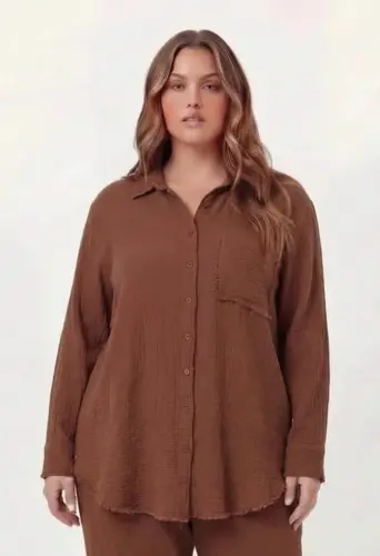 Müslin Kumaş Büyük Beden Gömlek Kahve - 1