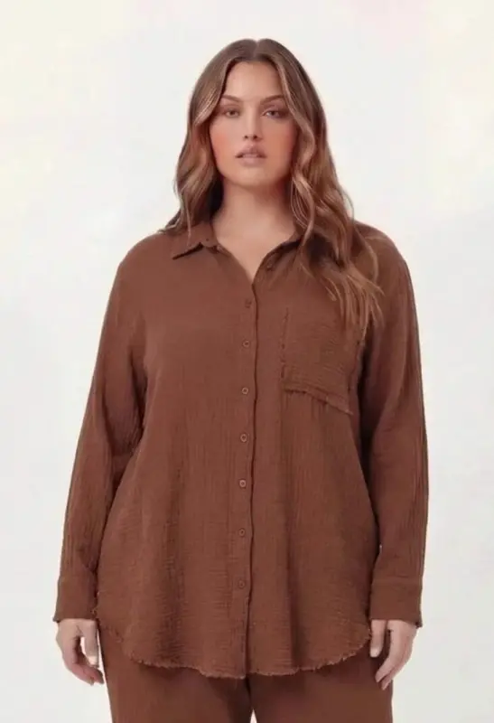 Müslin Kumaş Büyük Beden Gömlek Kahve - BÜYÜKBEDENIZ
