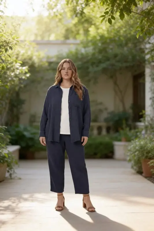 Müslin Kumaş Büyük Beden Gömlek Lacivert - 3