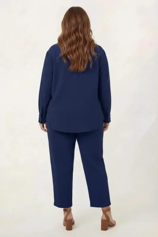 Müslin Kumaş Büyük Beden Gömlek Lacivert - 5