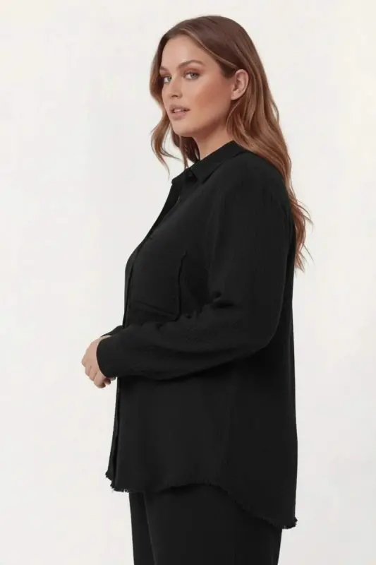 Müslin Kumaş Büyük Beden Gömlek Siyah - 2