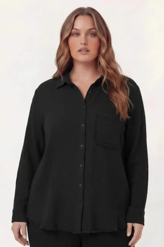 Müslin Kumaş Büyük Beden Gömlek Siyah - BÜYÜKBEDENIZ