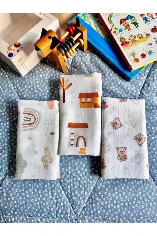 Muslin O'rash Adyol 3'li To'plam(80X80SM)|oeko-tex Muslin Mato | Yangi Tug'ilgan Chaqaloq Yumshoq Sochiq O'rash-Tog' Tekis Moviy va Hayvonlar Naqshli - KOALA SOFT