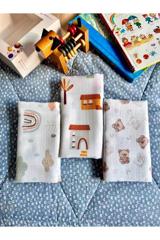 Müslin Örtü Battaniye 3'lü Set(80X80CM)|oeko-tex Müslin Kumaş | Yenidoğan Bebek Yumuşak Havlu Kundak - Dağ Düz Mavi ve Hayvan Desenli - Koala Soft