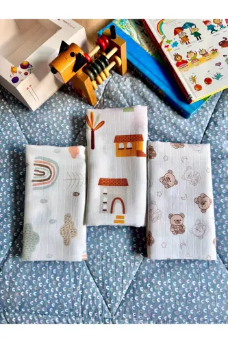 Müslin Örtü Battaniye 3'lü Set(80X80CM)|oeko-tex Müslin Kumaş | Yenidoğan Bebek Yumuşak Havlu Kundak - Dağ Düz Mavi ve Hayvan Desenli - 1