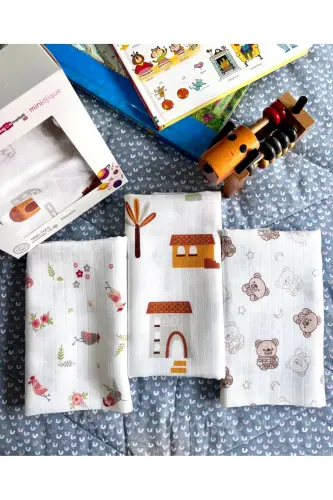 Müslin Örtü Battaniye 3'lü Set(80X80CM)|oeko-tex Müslin Kumaş | Yenidoğan Bebek Yumuşak Havlu,kundak - Bear Mountain Collection - 1