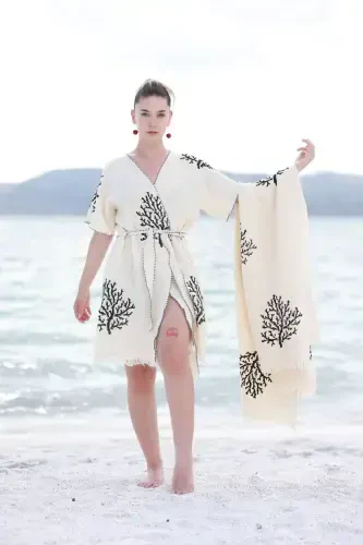 Müslin Peştemal Dokubba, Mercan Baskılı Müslin Peştemal-Bej - 1