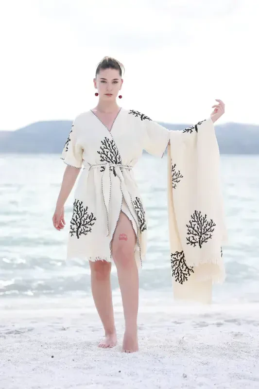 Müslin Peştemal Dokubba, Mercan Baskılı Müslin Peştemal-Bej - 1