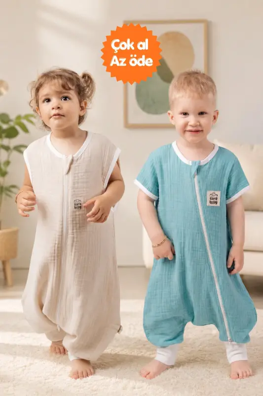 Muslin Sleeping Bag Set 2-Pack 0.5 Tog Oeko-tex Certified 100% Natural Cotton Turquoise&Beige Color - Beige-Turquoise - 1