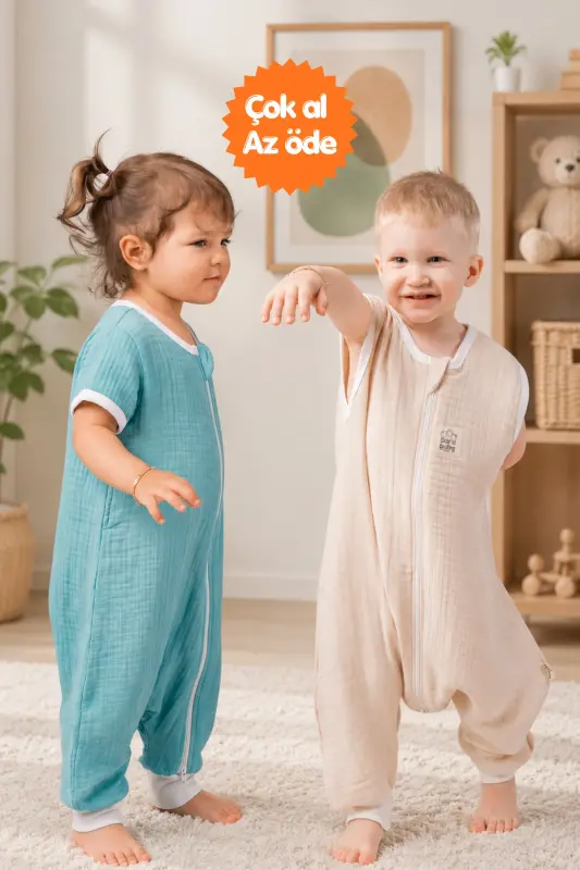 Muslin Sleeping Bag Set 2-Pack 0.5 Tog Oeko-tex Certified 100% Natural Cotton Turquoise&Beige Color - Beige-Turquoise - 2