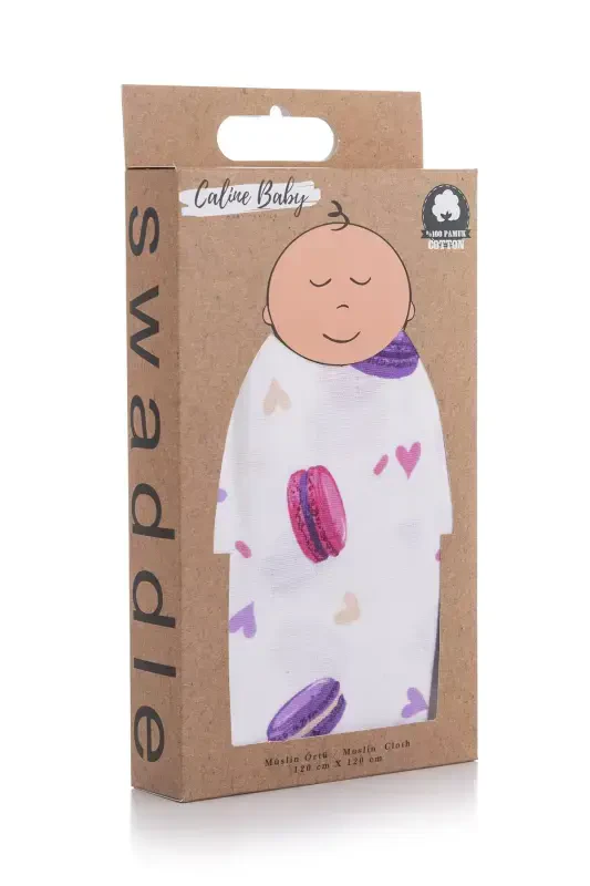 Muslin Swaddle Macaron Pattern - Purple 120x120 Cm + 4 Pcs Burp Cloths-PURPLE - 1