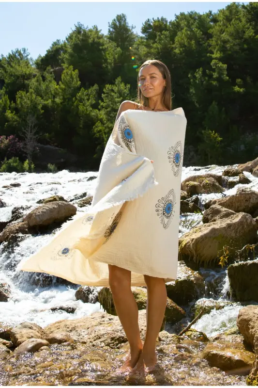 - Muslin Turkish Towel - %100 Cotton - Organic - Printed-white - 2