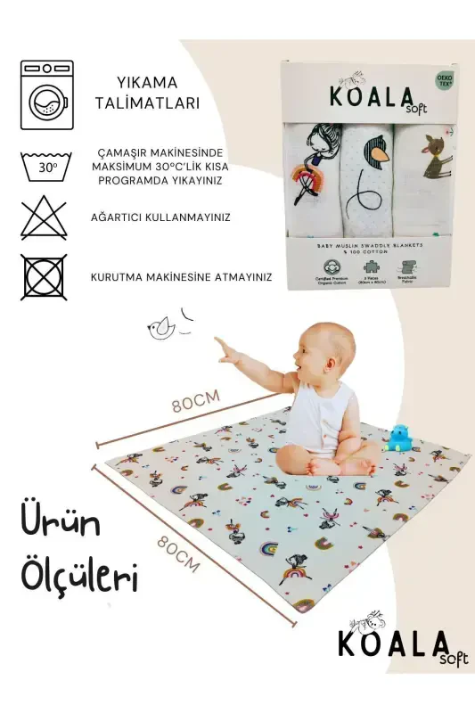 Муслиновый комплект одеял 3шт(80X80CM)|Муслиновая ткань oeko-tex|Мягкое полотенце для новорожденного,пеленка-Балерина, птица и олень - 8