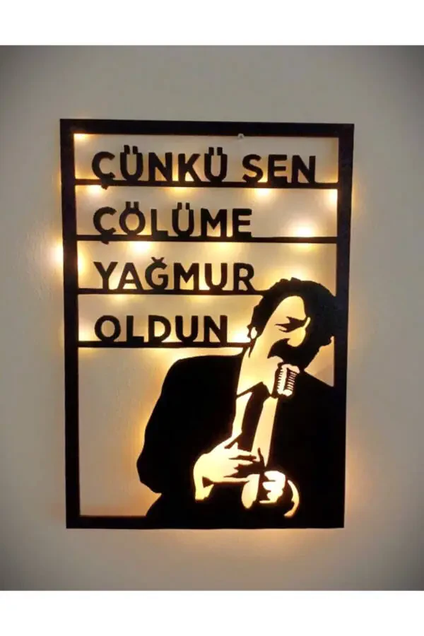 Müslüm Gürses Çünkü Sen Çölüme Yağmur Oldun Silüeti Ledli Işıklı Ahşap Tablo Pilli 50x35 - 1