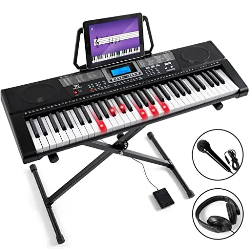 MUSTAR Pianino Klaviaturasi, MEKS-500 61 Tugmali Yorug‘likli Tugmalarga Ega O‘quvchi Klaviatura Pianino, Yangi Boshlanuvchilar Uchun Elektr Pianino Klaviaturasi, Stend, Davom Ettirish Pedali, Quloqchin/Mikrofon, USB Midi, O‘rnatilgan Dinamiklar - 2
