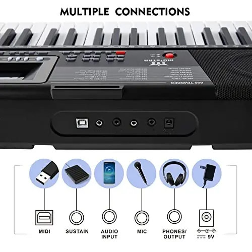 MUSTAR Pianino Klaviaturasi, MEKS-500 61 Tugmali Yorug‘likli Tugmalarga Ega O‘quvchi Klaviatura Pianino, Yangi Boshlanuvchilar Uchun Elektr Pianino Klaviaturasi, Stend, Davom Ettirish Pedali, Quloqchin/Mikrofon, USB Midi, O‘rnatilgan Dinamiklar - 6