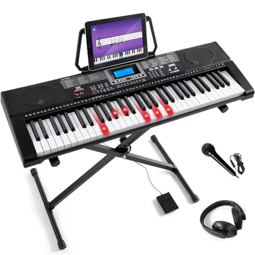 MUSTAR Piano Keyboard, MEKS-500 61 Key Learning Keyboard Piano with Lighted Up Keys, Electric Piano Keyboard for Beginners, Stand, Sustain Pedal, Headphones/Microphone, USB Midi, Built-in Speakers - 1