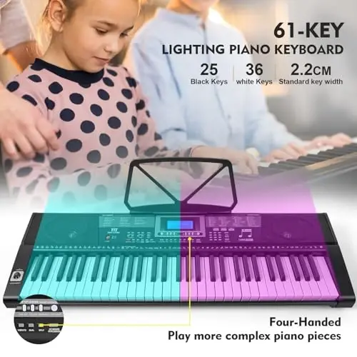 MUSTAR Piano Keyboard, MEKS-500 61 Key Learning Keyboard Piano with Lighted Up Keys, Electric Piano Keyboard for Beginners, Stand, Sustain Pedal, Headphones/Microphone, USB Midi, Built-in Speakers - 2