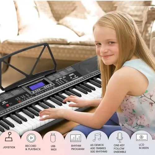 MUSTAR Piano Keyboard, MEKS-500 61 Key Learning Keyboard Piano with Lighted Up Keys, Electric Piano Keyboard for Beginners, Stand, Sustain Pedal, Headphones/Microphone, USB Midi, Built-in Speakers - 3