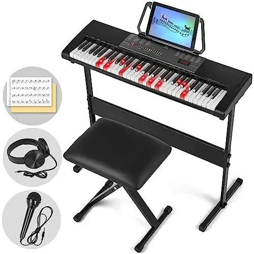 MUSTAR Piano Keyboard with Lighted Up Keys, Learning Keyboard Piano 61 Keys for Beginners, MEKS-700 Electric Piano Keyboard with Bench, Stand, Headphones, Microphone, Note Stickers, Built-in Speakers - 1