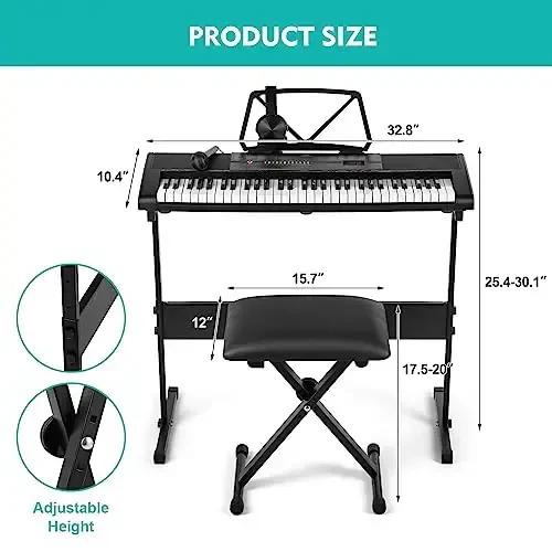 MUSTAR Piano Keyboard with Lighted Up Keys, Learning Keyboard Piano 61 Keys for Beginners, MEKS-700 Electric Piano Keyboard with Bench, Stand, Headphones, Microphone, Note Stickers, Built-in Speakers - 2