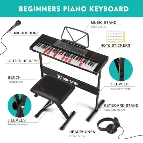 MUSTAR Piano Keyboard with Lighted Up Keys, Learning Keyboard Piano 61 Keys for Beginners, MEKS-700 Electric Piano Keyboard with Bench, Stand, Headphones, Microphone, Note Stickers, Built-in Speakers - 4
