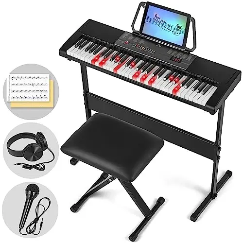 MUSTAR Piano Keyboard with Lighted Up Keys, Learning Keyboard Piano 61 Keys for Beginners, MEKS-700 Electric Piano Keyboard with Bench, Stand, Headphones, Microphone, Note Stickers, Built-in Speakers - 1