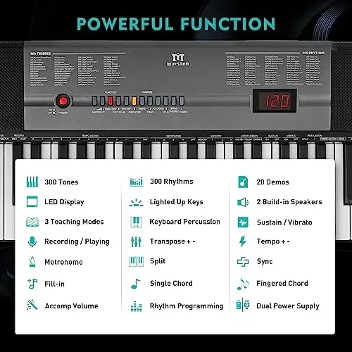MUSTAR Piano Keyboard with Lighted Up Keys, Learning Keyboard Piano 61 Keys for Beginners, MEKS-700 Electric Piano Keyboard with Bench, Stand, Headphones, Microphone, Note Stickers, Built-in Speakers - 3